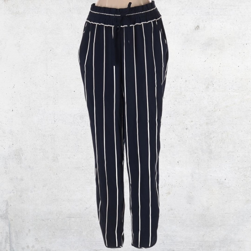 Zara Navy Blue & White Stripe Drawstring Elastic Wait Trousers Size S